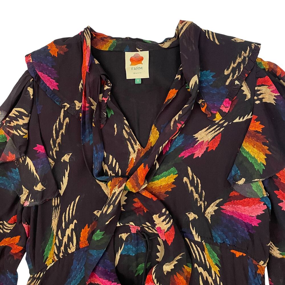 Farm Rio Macaws Flight Tie-Neck Midi/Maxi Dress - Black - Boho - Flowy - Size S - Picture 4 of 9
